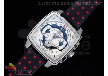 Monaco Mikrograph SS White Dial on Black/Red Barenia Leather Strap Jap Quartz