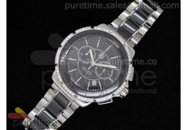 Formula 1 Lady Chrono SS/Black Ceramic Black Dial Stick Markers Diamond Bezel on Bracelet Swiss Ronda Quartz